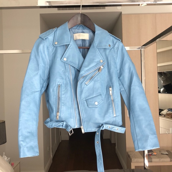 light blue leather jacket zara